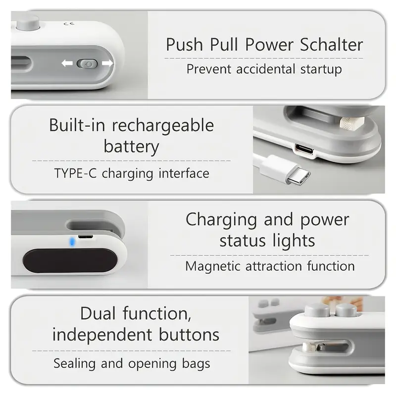 1pc snack bag sealer with magnetic closure usb rechargeable portable seal machine compact for chips   lunch boxes   office   charging cable white   bag sealers for food storage   gadget modern sealers durable sealers Product details 5