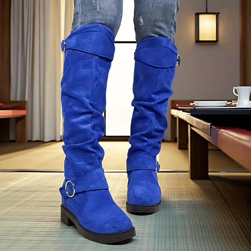 womens retro chunky heel   calf boots with plush lining winter warm round toe pull on knee high boots in black blue   soft synthetic cover cushioned insole versatile casual semi formal shoes for   wear Product details 9