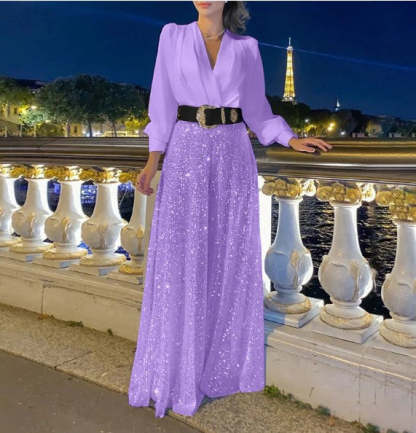 Elegantná blúzka s dlhým rukávom, výstrihom do V a nohavice so širokými nohavicami a flitrami