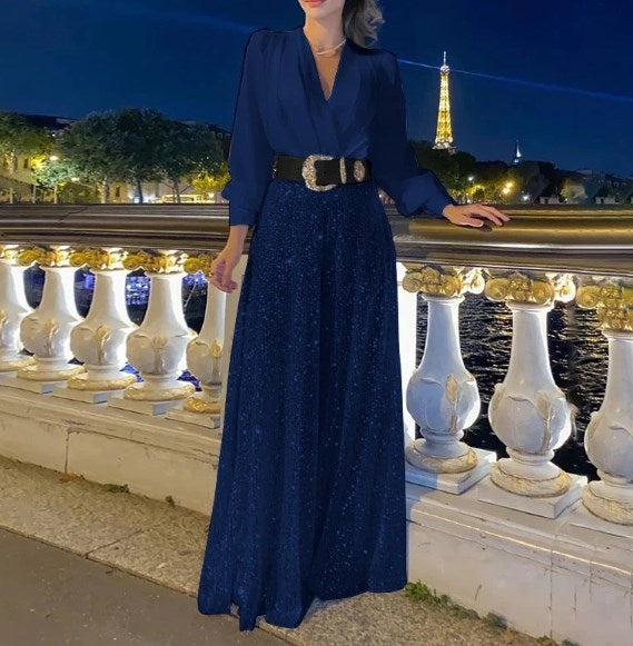 Elegantná blúzka s dlhým rukávom, výstrihom do V a nohavice so širokými nohavicami a flitrami