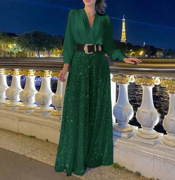 Elegantná blúzka s dlhým rukávom, výstrihom do V a nohavice so širokými nohavicami a flitrami