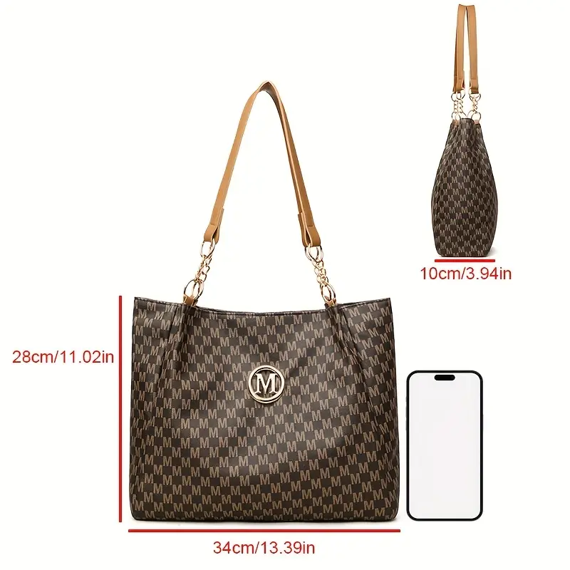 womens vintage   tote bag lightweight large capacity convertible shoulder bag clutch synthetic leather with zipper closure   hardware decorative m emblem for daily   shopping   brown white black travel bag details 7
