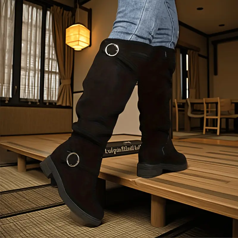 womens retro chunky heel   calf boots with plush lining winter warm round toe pull on knee high boots in black blue   soft synthetic cover cushioned insole versatile casual semi formal shoes for   wear Product details 7