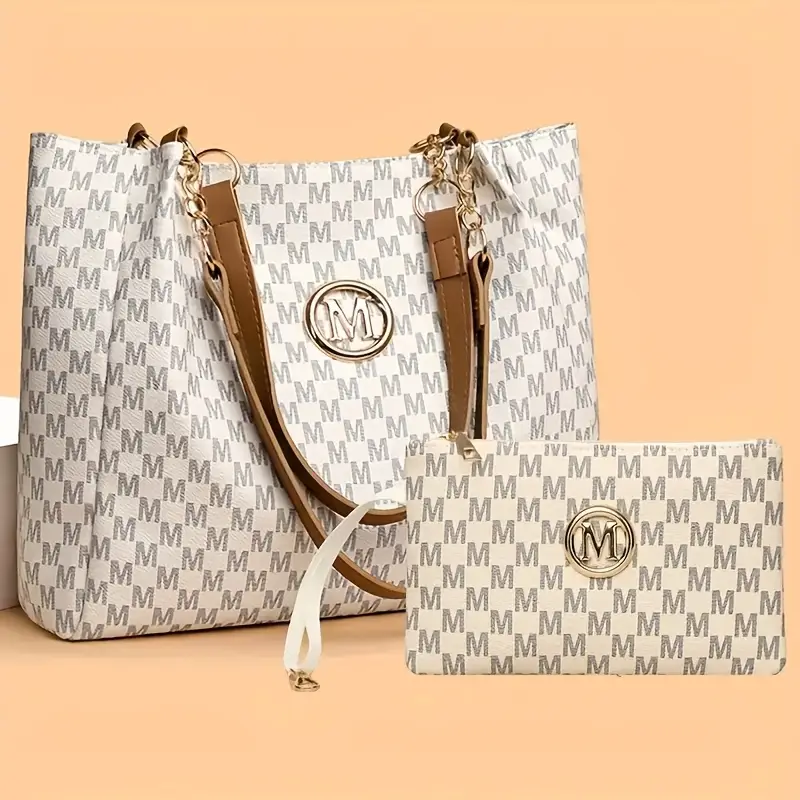 2pcs womens vintage shoulder bag set large capacity tote bag with fixed shoulder strap synthetic zipper closure polyester lining lightweight random print design   daily commuting and carrying cell phones details 4