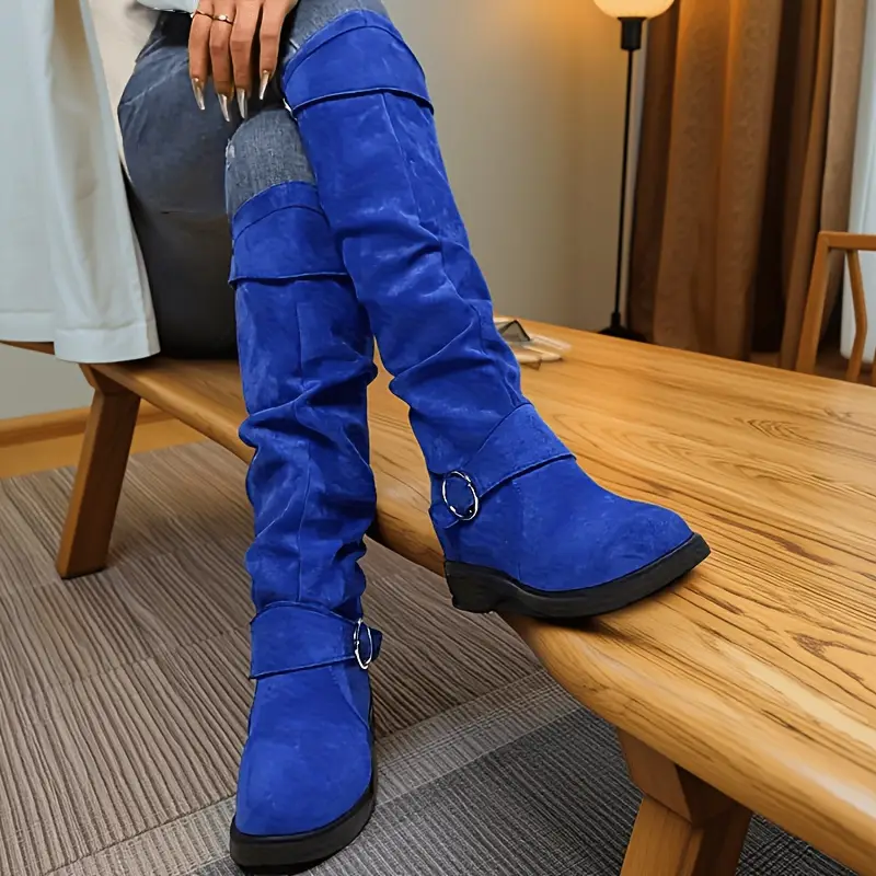womens retro chunky heel   calf boots with plush lining winter warm round toe pull on knee high boots in black blue   soft synthetic cover cushioned insole versatile casual semi formal shoes for   wear Product details 5