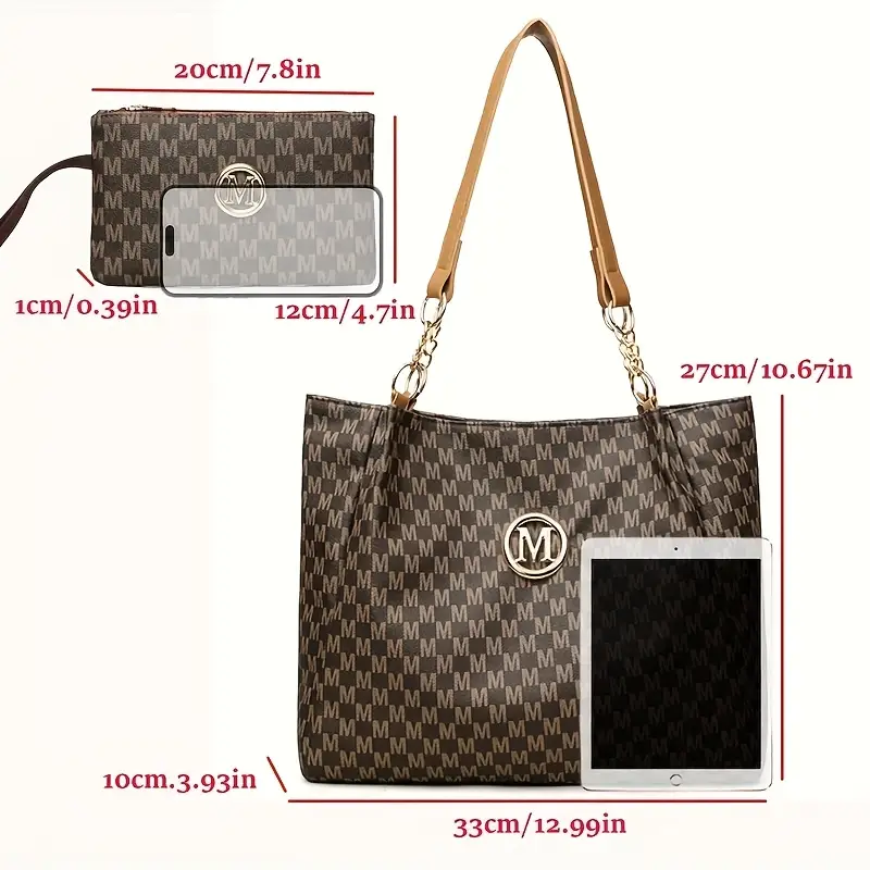 2pcs womens vintage shoulder bag set large capacity tote bag with fixed shoulder strap synthetic zipper closure polyester lining lightweight random print design   daily commuting and carrying cell phones details 9