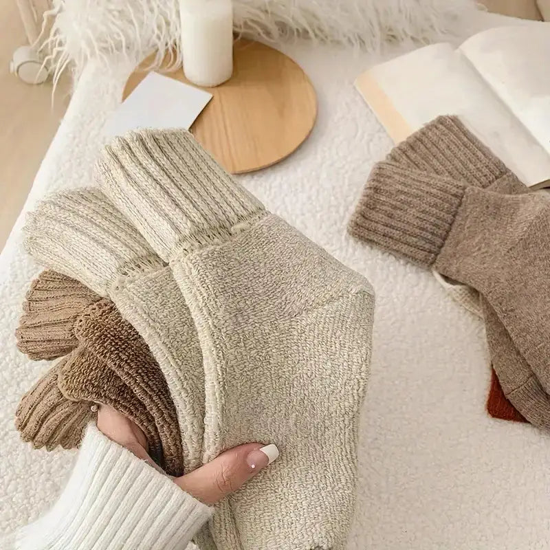 1 pair womens winter thermal socks ultra thick short booties with plush scarf like edge soft warm   black gray for indoor outdoor use cozy short ankle boots socks hand   clean Product details 0