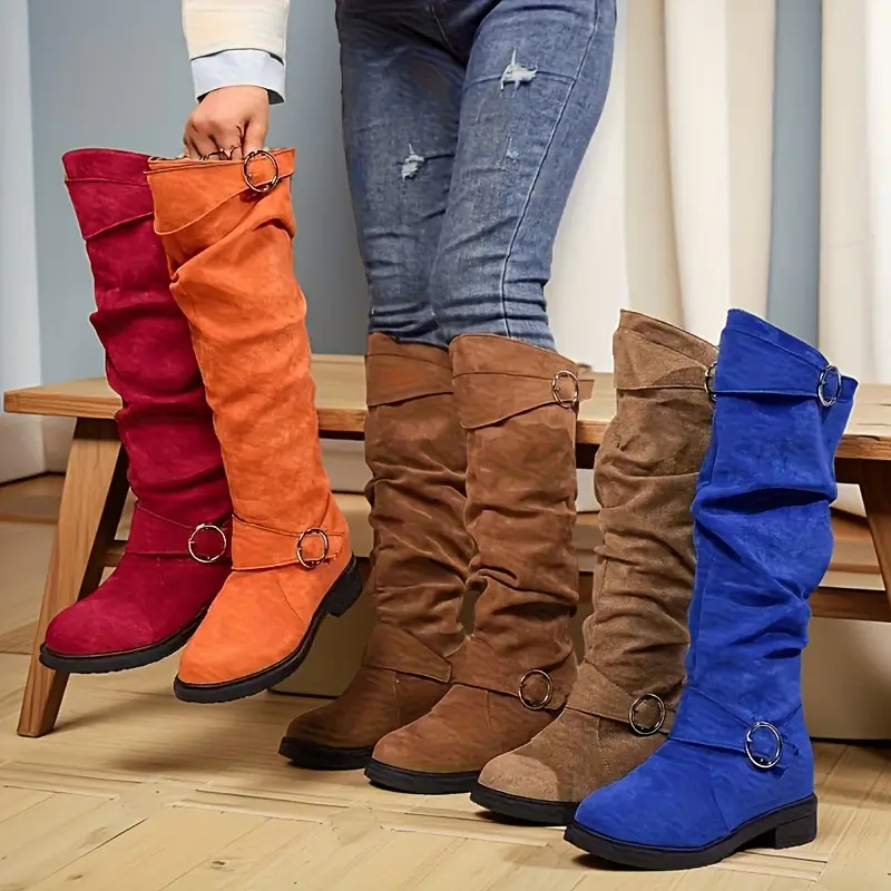 womens retro chunky heel   calf boots with plush lining winter warm round toe pull on knee high boots in black blue   soft synthetic cover cushioned insole versatile casual semi formal shoes for   wear Product details 2