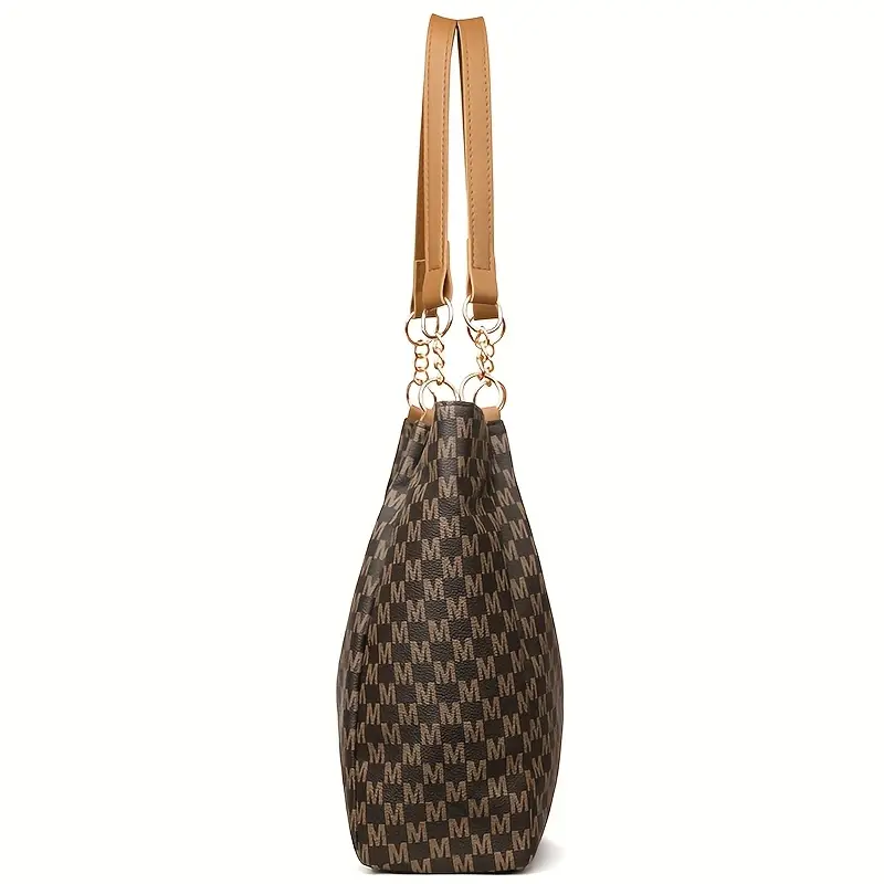 womens vintage   tote bag lightweight large capacity convertible shoulder bag clutch synthetic leather with zipper closure   hardware decorative m emblem for daily   shopping   brown white black travel bag details 10