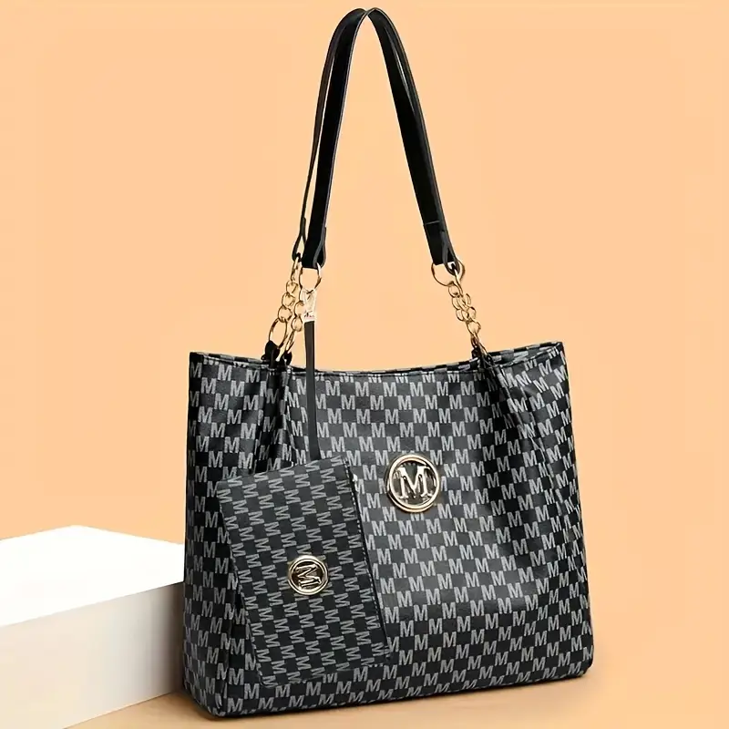 2pcs womens vintage shoulder bag set large capacity tote bag with fixed shoulder strap synthetic zipper closure polyester lining lightweight random print design   daily commuting and carrying cell phones details 5