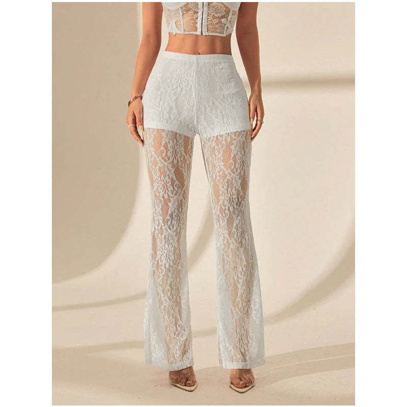 Elegantné čipkované nohavice so zvonovým strihom a vysokým pásom