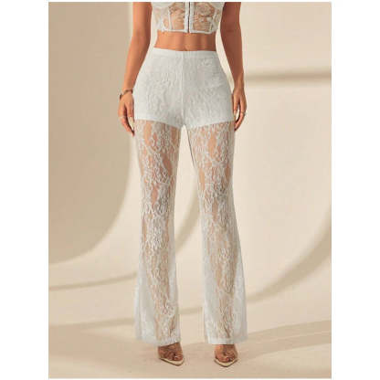 Elegantné čipkované nohavice so zvonovým strihom a vysokým pásom