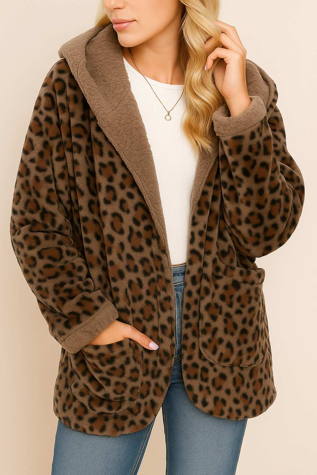 Leopard Hooded Coat with Pockets