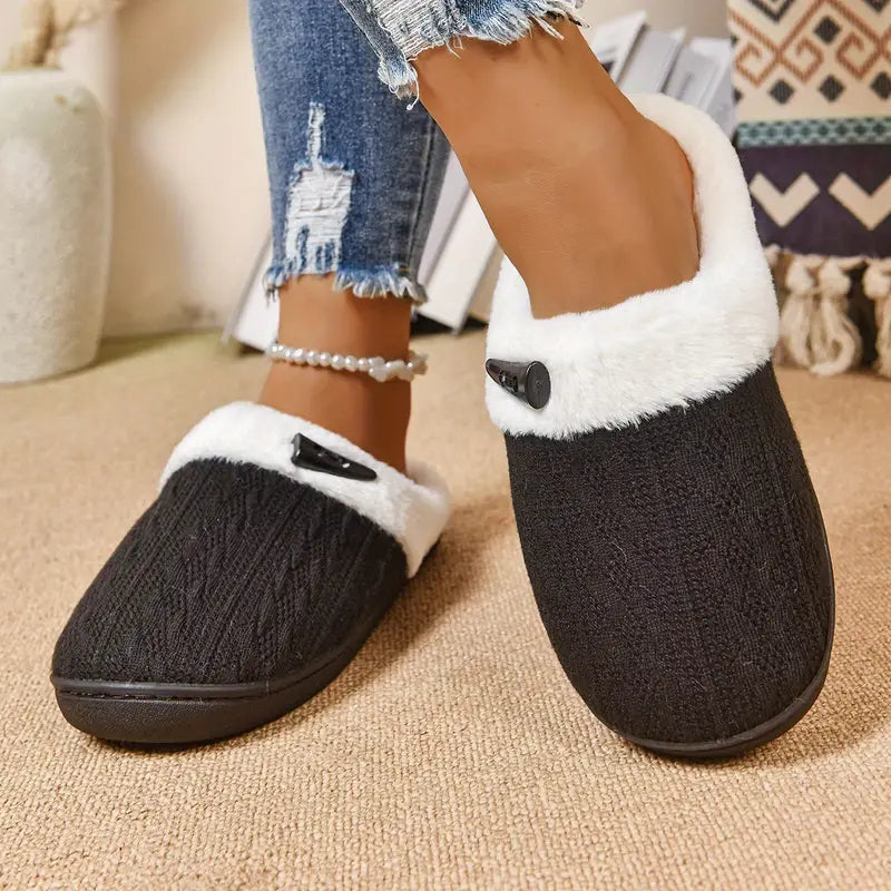 womens slip   slippers with insole non slip backless indoor outdoor shoes plush navy blue winter footwear asian sizes   perfect gift for women mom wife   cold weather footwear ladies slippers fluffy   fur design knitted upper Product details 2