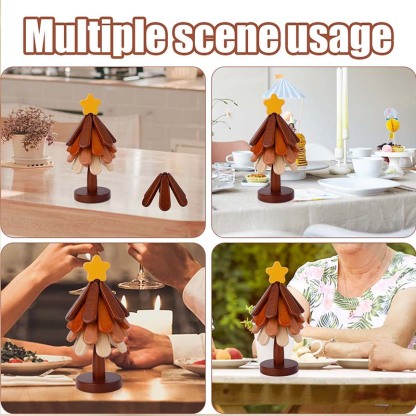 Drevená podložka pod teplé jedlá v tvare stromčeka s hviezdou alebo jablkom.