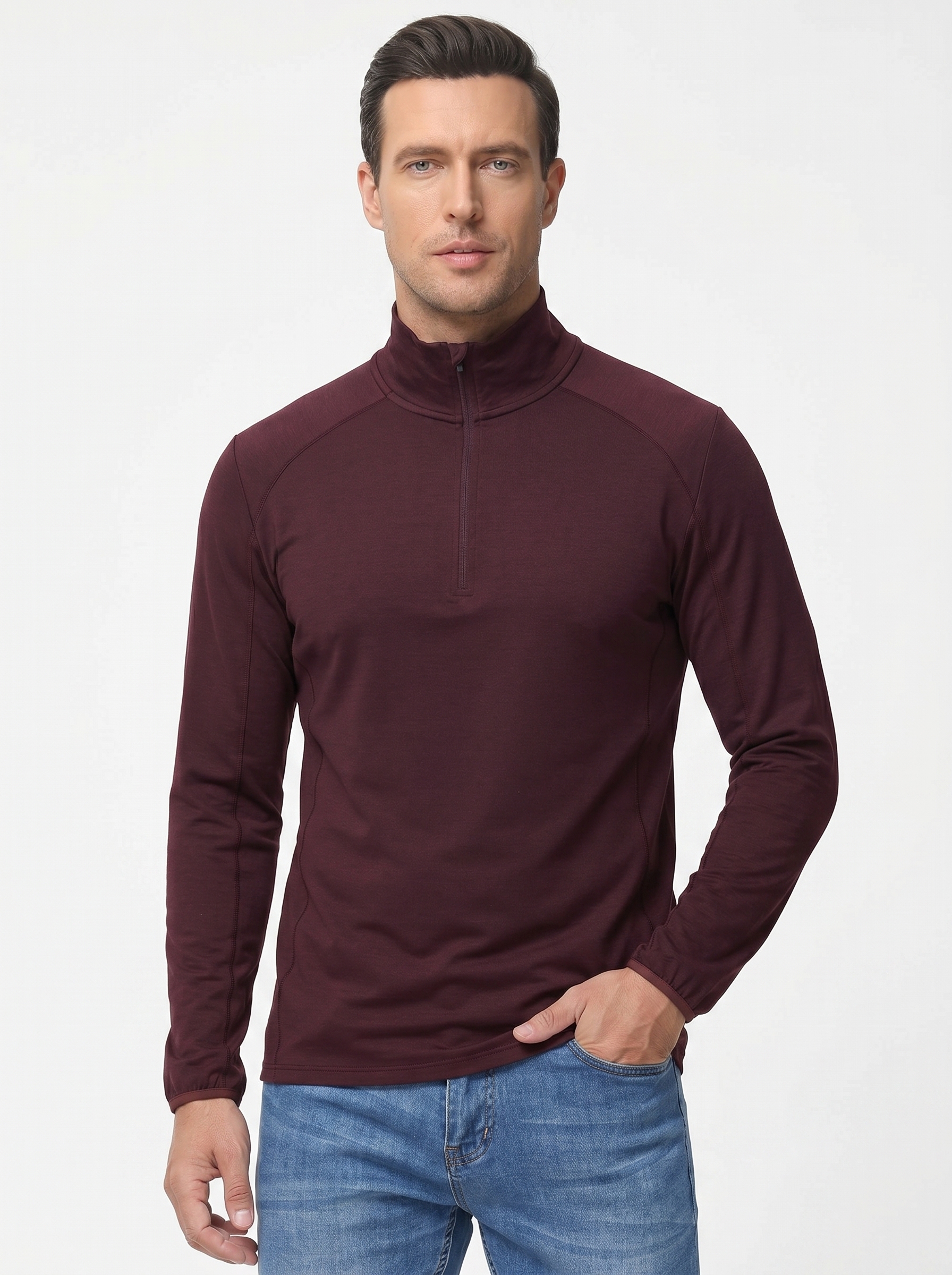 Men's  Wool Half-Zip Mock Neck Long Sleeve