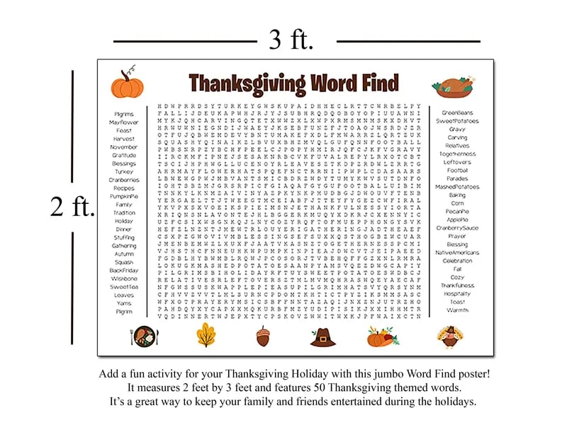 🎁TikTok Last Day Sale - 70% OFF🎉 Jumbo Thanksgiving Word Search Poster – Giant 36"x24" Wall Game! 🎉