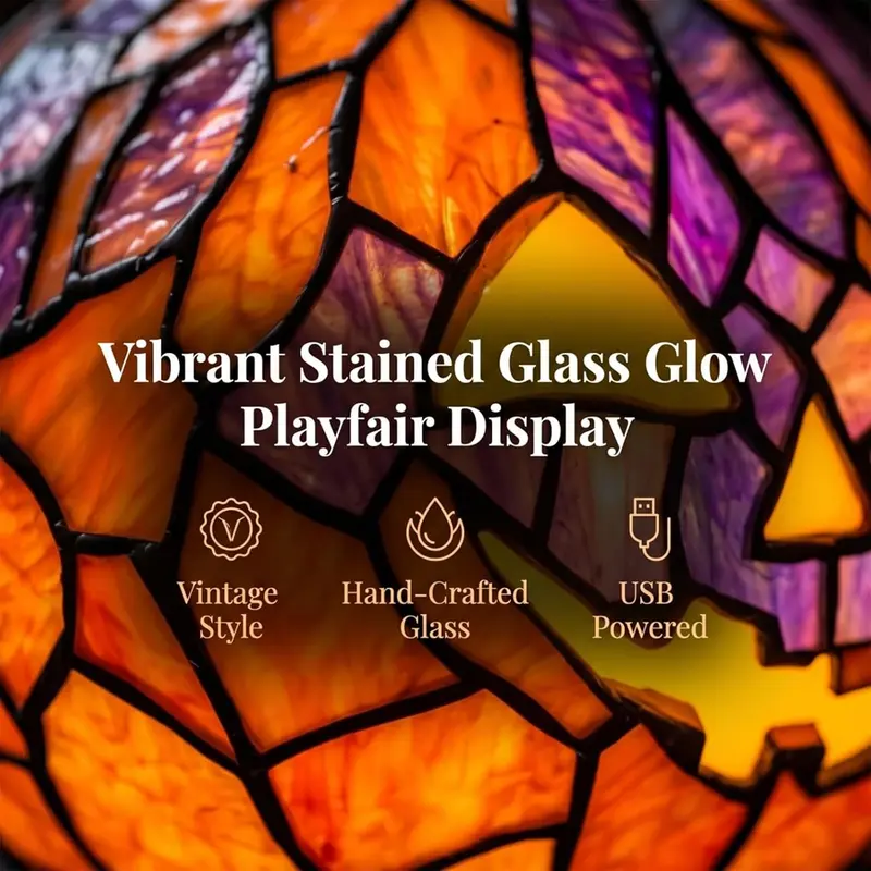 Halloween Christmas Stained Glass Pumpkin Table Lamp, Vintage Tiffany Style Jack O Lantern Pumpkin Night Light, Retro Decorative Desk Lamp for Holiday Party Home Bedroom Dining Table Ornament Gift