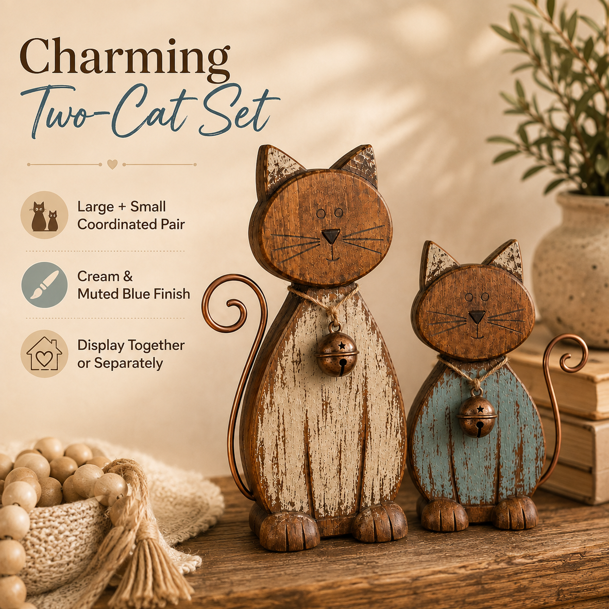 Rustic Wooden CatFigurines Set of 2