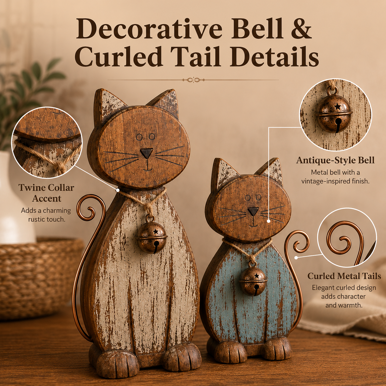 Rustic Wooden CatFigurines Set of 2