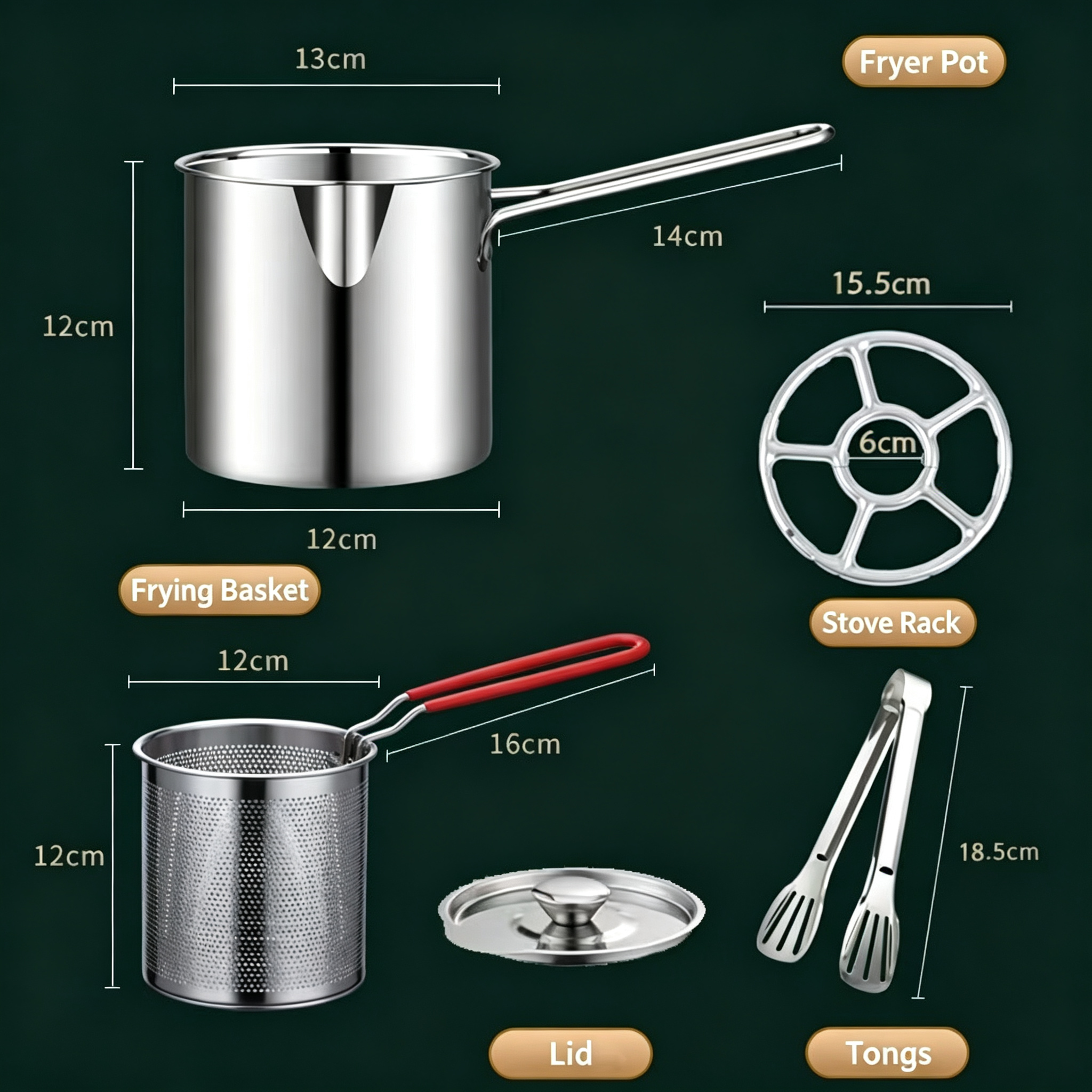 🍟 Personal Mini Deep Fryer Set – Stainless Steel Pot with Lift-Out Draining Basket & Food Tongs