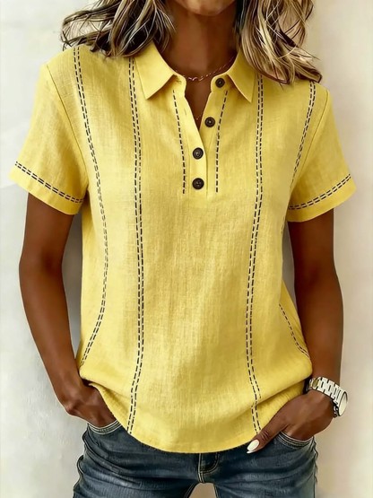 Women's V-neck Short-sleeve Casual Loose Cotton-linen Top