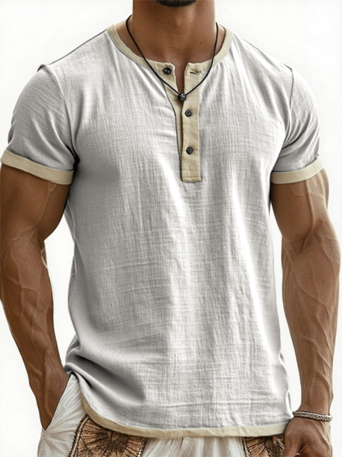 Men's Breathable Linen Contrast Pleated Resort Henley Top