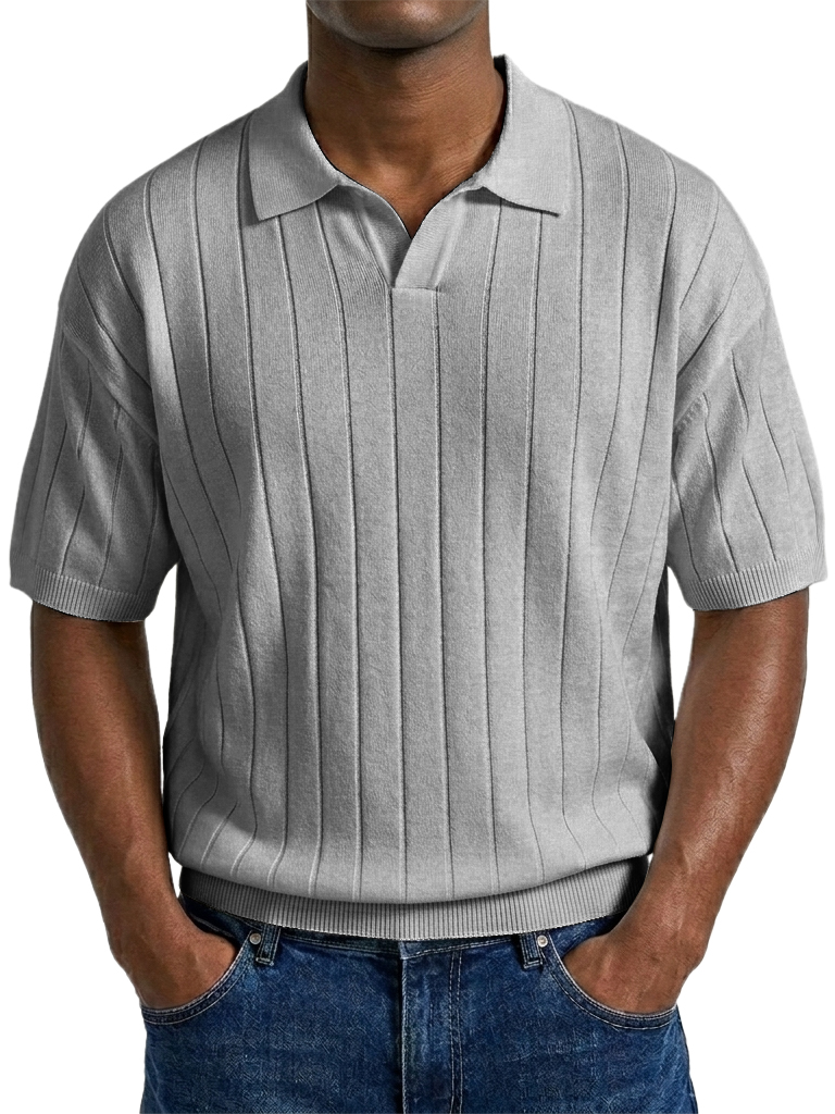 Men's "Old Money" Style Solid Color Light Luxury Commuter Short Sleeve Striped Knit Shirt