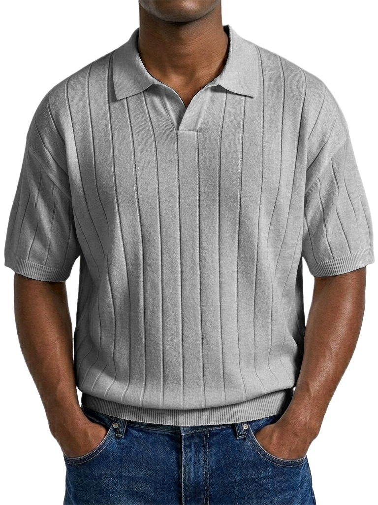 Men's "Old Money" Style Solid Color Light Luxury Commuter Short Sleeve Striped Knit Shirt