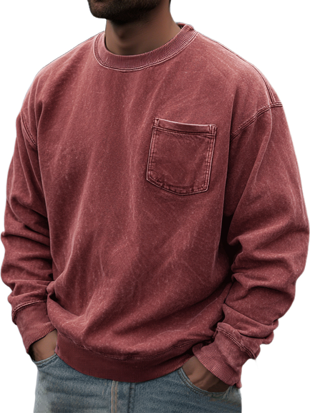 Men's Washed And Distressed Retro Casual Round Neck Pocket Basic Sweatshirt