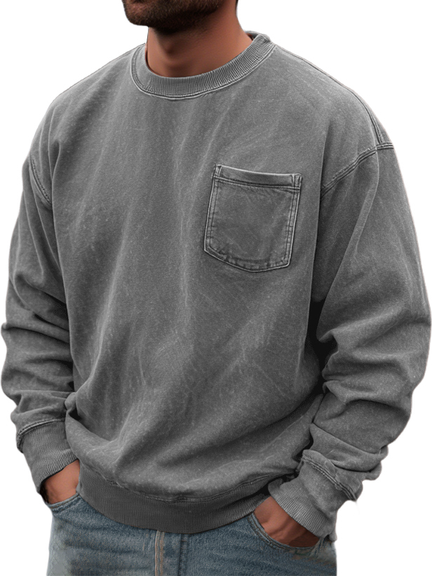 Men's Washed And Distressed Retro Casual Round Neck Pocket Basic Sweatshirt