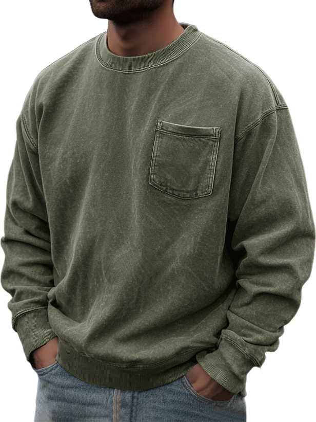 Men's Washed And Distressed Retro Casual Round Neck Pocket Basic Sweatshirt