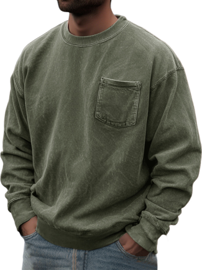 Men's Washed And Distressed Retro Casual Round Neck Pocket Basic Sweatshirt