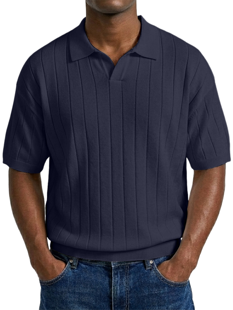 Men's "Old Money" Style Solid Color Light Luxury Commuter Short Sleeve Striped Knit Shirt