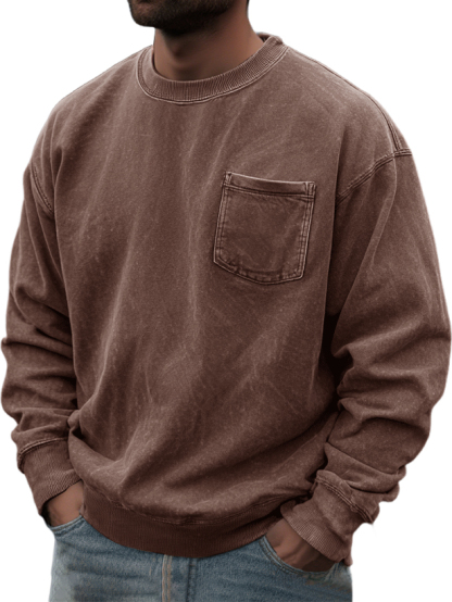 Men's Washed And Distressed Retro Casual Round Neck Pocket Basic Sweatshirt