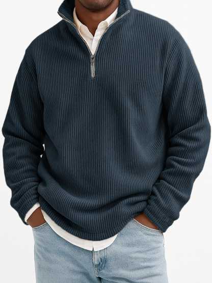 Men's Stylish Quarter-Zip Corduroy Ribbed Polo Sweatshirt