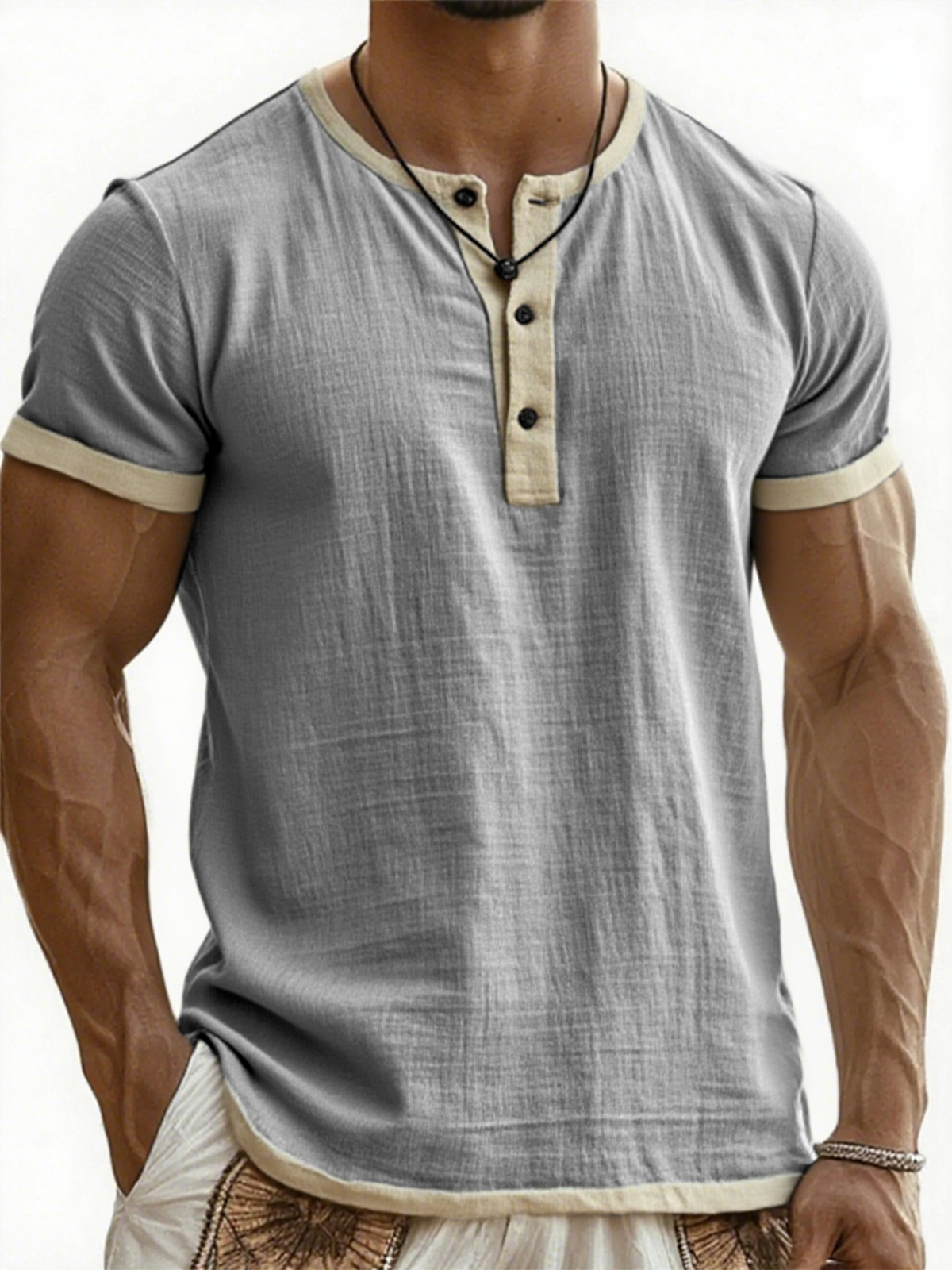 Men's Breathable Linen Contrast Pleated Resort Henley Top