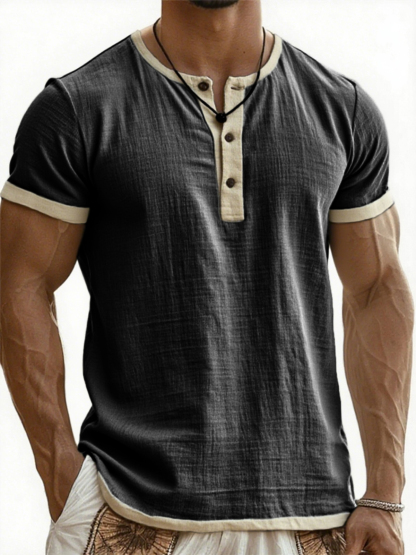 Men's Breathable Linen Contrast Pleated Resort Henley Top