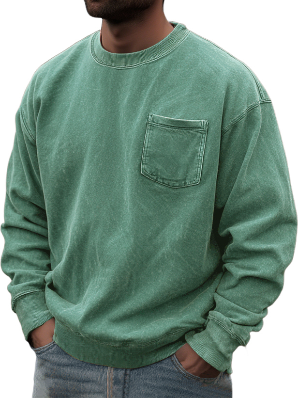 Men's Washed And Distressed Retro Casual Round Neck Pocket Basic Sweatshirt