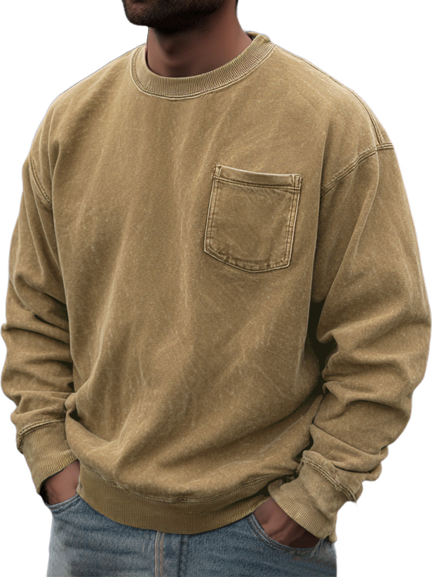 Men's Washed And Distressed Retro Casual Round Neck Pocket Basic Sweatshirt
