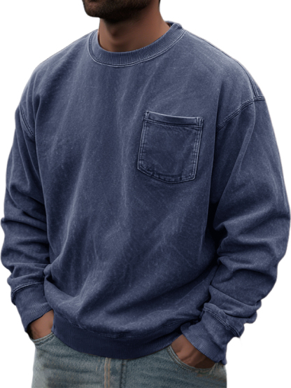 Men's Washed And Distressed Retro Casual Round Neck Pocket Basic Sweatshirt