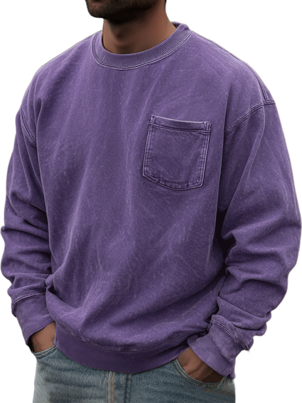 Men's Washed And Distressed Retro Casual Round Neck Pocket Basic Sweatshirt