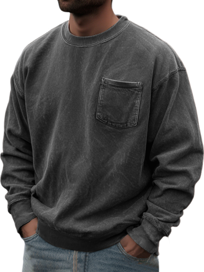 Men's Washed And Distressed Retro Casual Round Neck Pocket Basic Sweatshirt