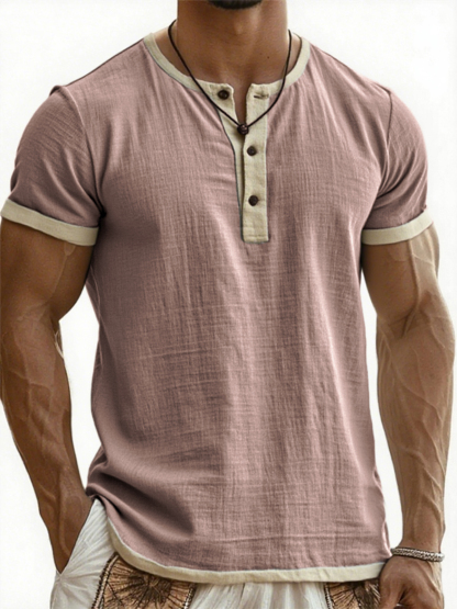 Men's Breathable Linen Contrast Pleated Resort Henley Top