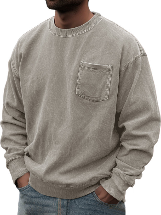 Men's Washed And Distressed Retro Casual Round Neck Pocket Basic Sweatshirt