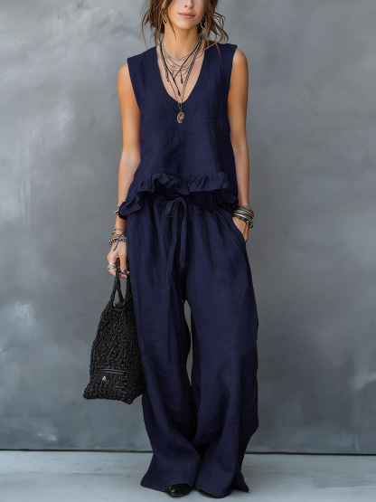 Women's V-neck Sleeveless Casual Loose Cotton Top With Elastic Waist And Wide-leg Pants Cotton Linen Set