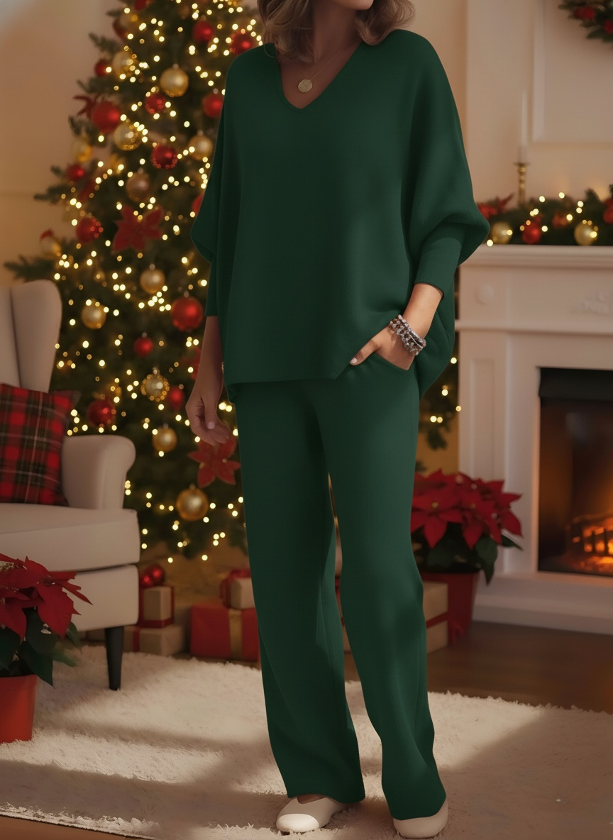 CLEARANCE SALE🔥 Women's Cozy Solid Color V-neck Knit Top And Pants Two-piece Set