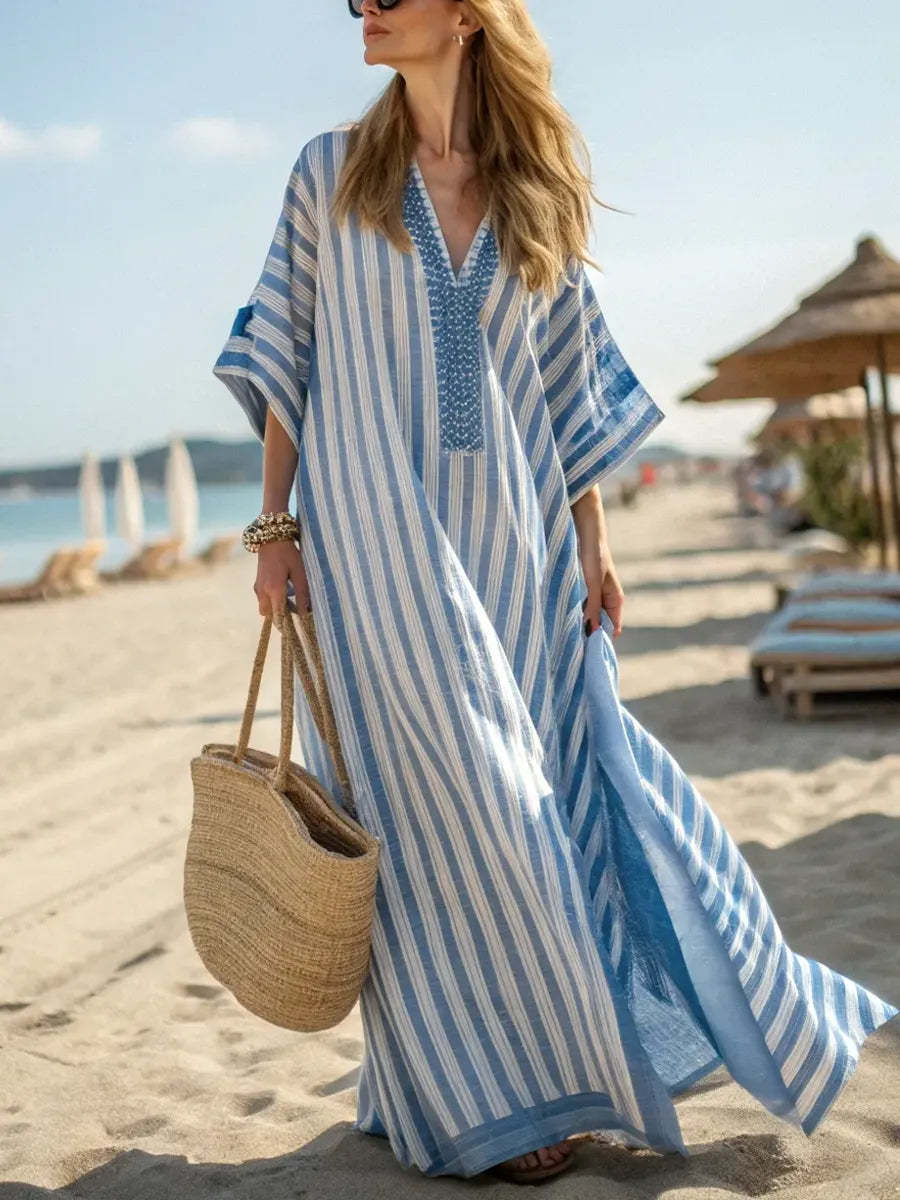 Women's Vintage Striped Art Casual Cotton Long Dress