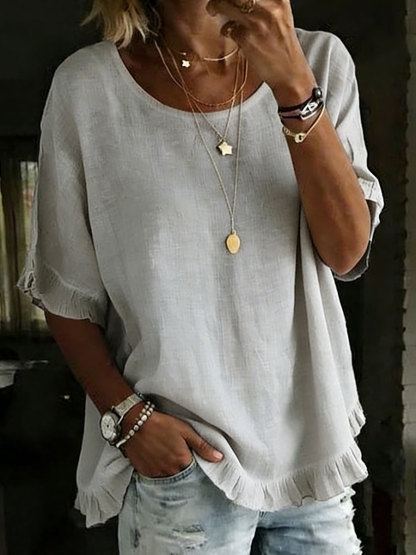Women's Short-sleeved Round Neck Cotton Linen Solid Color Loose Shirt