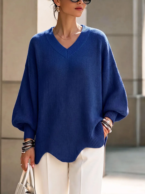 CLEARANCE SALE🔥Women's Solid Color V-neck Long-sleeved Casual Loose Pullover Knit Sweater